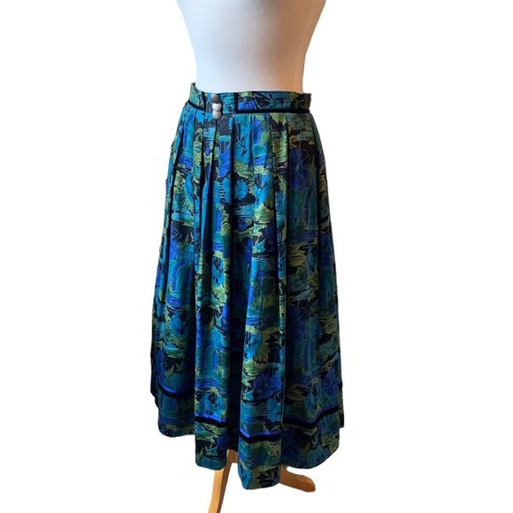 Vintage Alphorn Blue Green Floral Octoberfest Lined Box Pleats Maxi Skirt - Med - Picture 7 of 9